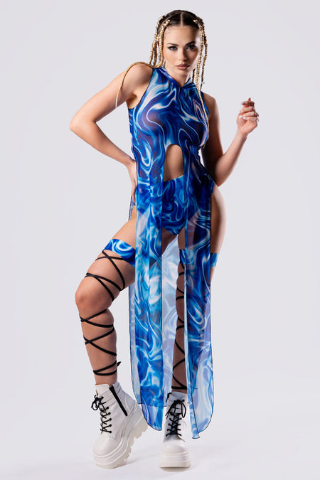 Rave Outfit Aqua Wave Mesh Tunic Dress Front View