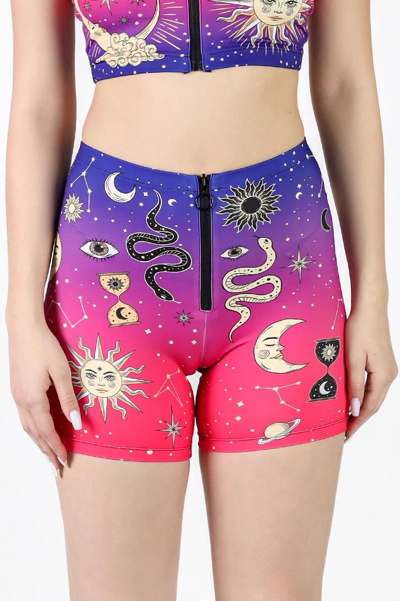 Astral Awakening Front Zip Biker Shorts Close View