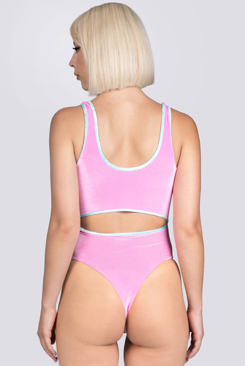Babydoll Cut Out Thong Bodysuit - Pink Velvet Dancewear