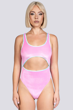 Babydoll Cut Out Thong Bodysuit - Pink Velvet Stripper Outfit