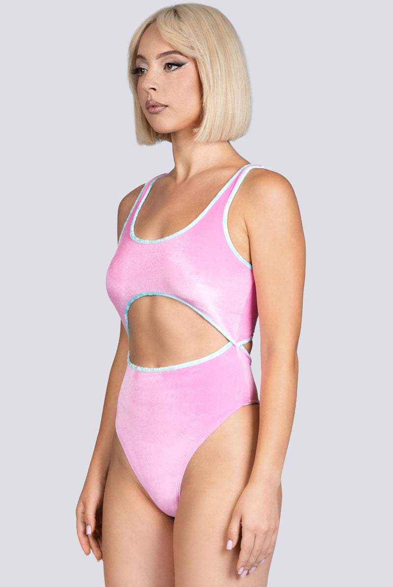 Babydoll Cut Out Thong Bodysuit - Pink Velvet Pole Wear