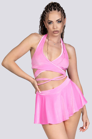 Babydoll Halter Wrap Top - Pink Velvet Stripper Outfit