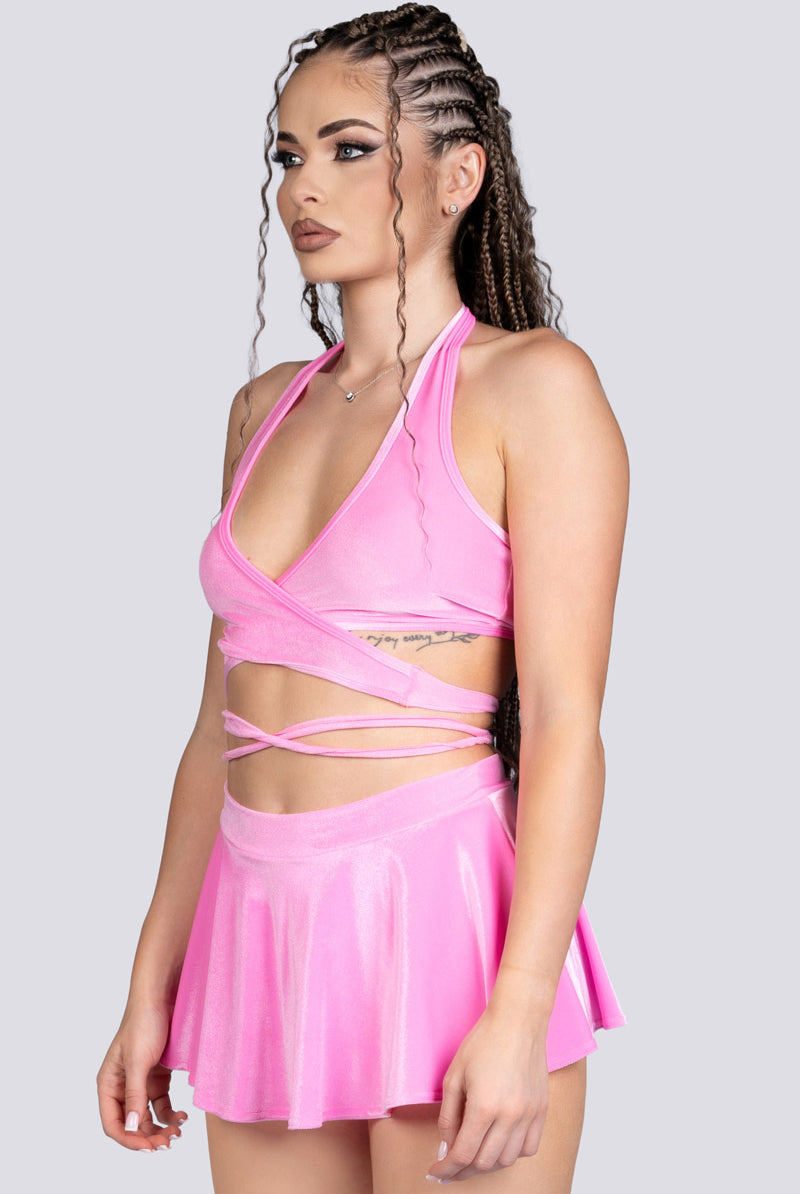 Babydoll Halter Wrap Top - Pink Velvet Stripper Wear