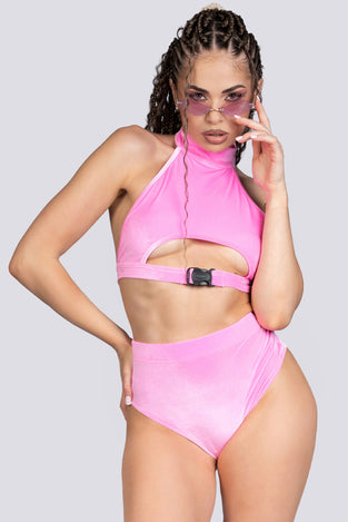 Babydoll Underboob Clasp Crop Top - Pink Velvet Stripper Outfit