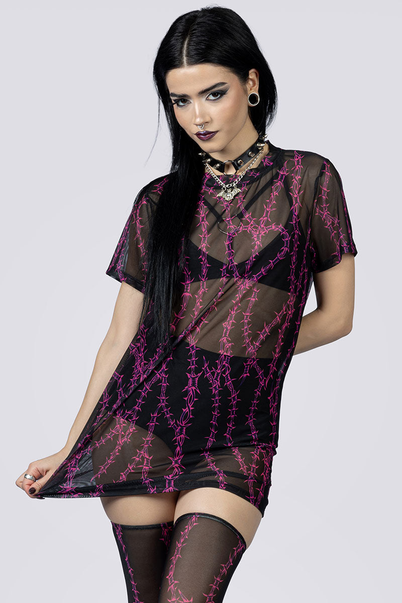 Barbed Desire Mesh Tee Shirt Dress Close Up Goth Clothing