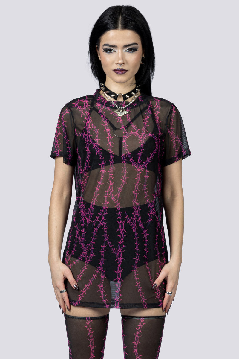Barbed Desire Mesh Tee Shirt Dress Front Goth Wear