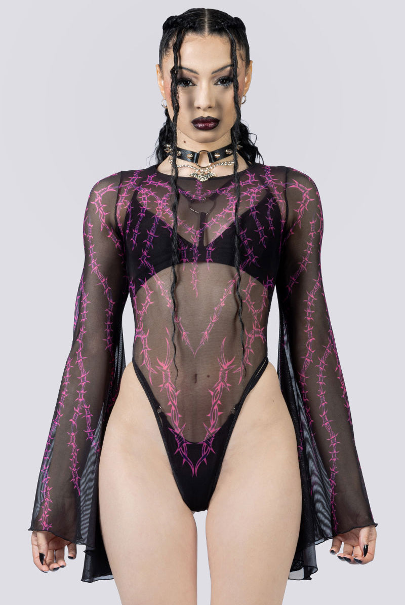 Barbed Desire Sheer Bell Sleeve Bodysuit Front Close Up Goth Clothing