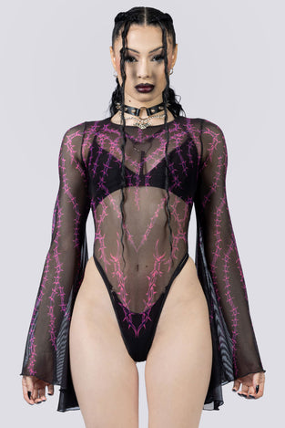 Barbed Desire Sheer Bell Sleeve Bodysuit Front Close Up Goth Clothing