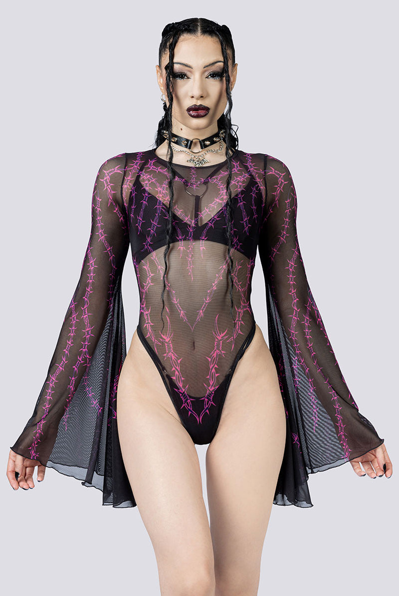 Barbed Desire Sheer Bell Sleeve Bodysuit Front Gothic Clothing