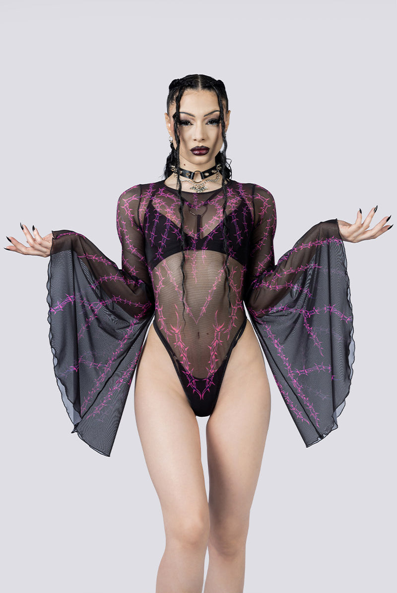 Barbed Desire Sheer Bell Sleeve Bodysuit Full Body Gothic Outfits