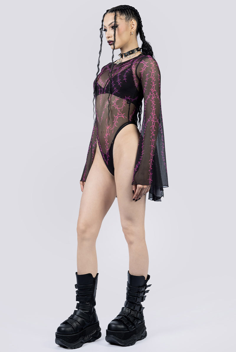 Barbed Desire Sheer Bell Sleeve Bodysuit Side Goth Wear