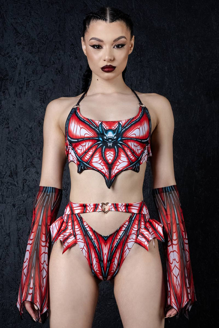Rave Outfit Bat Mistress Cut Out Ruffle Shorts Set Close View