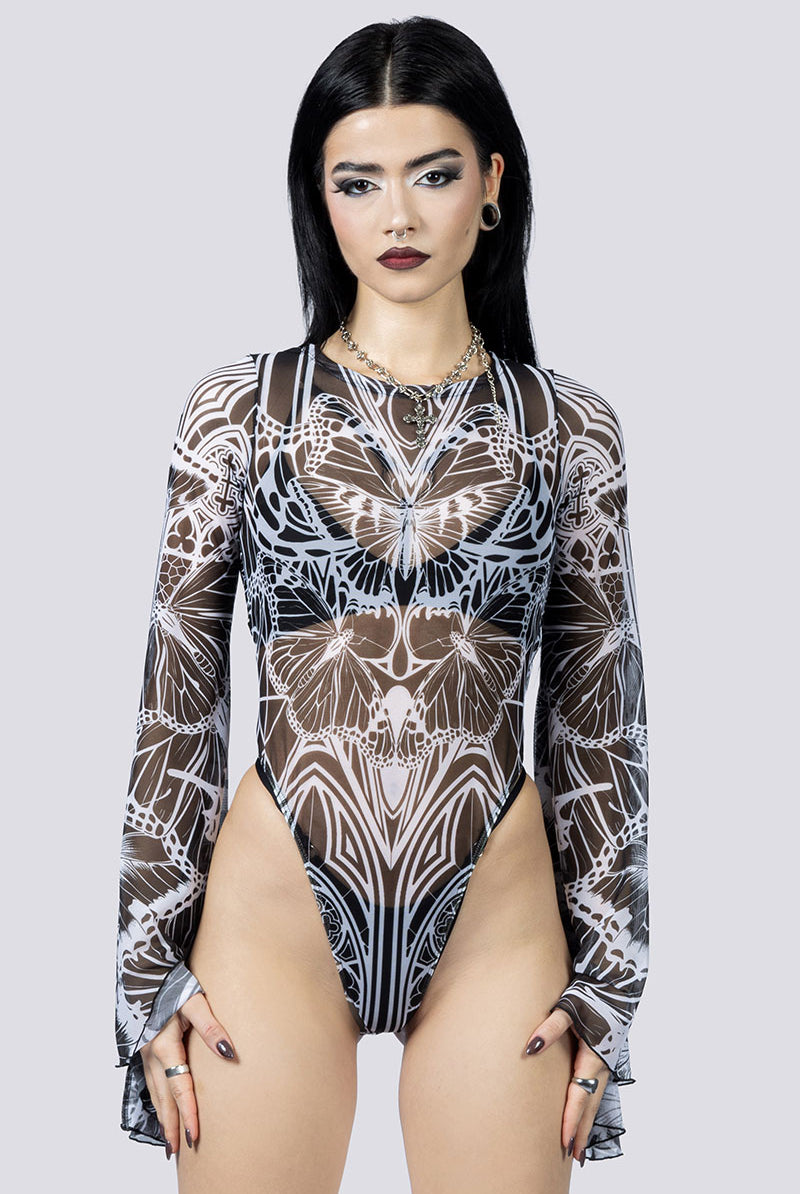 Butterfly Invasion Sheer Bell Sleeve Bodysuit Close Up