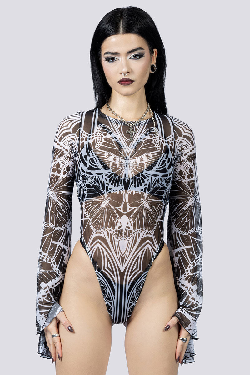 Butterfly Invasion Sheer Bell Sleeve Bodysuit Close Up