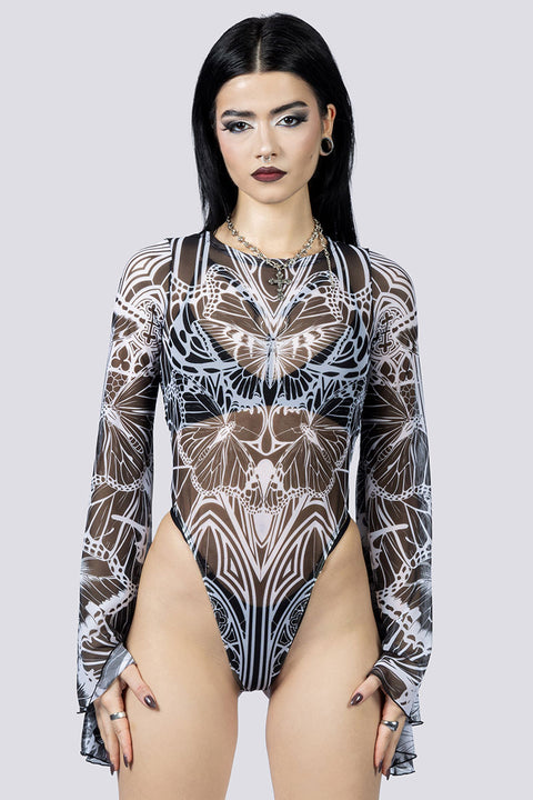Butterfly Invasion Sheer Bell Sleeve Bodysuit Close Up