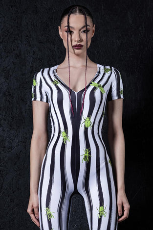 Beetlejuice V Neckline Bell Bottoms Jumpsuit Close View