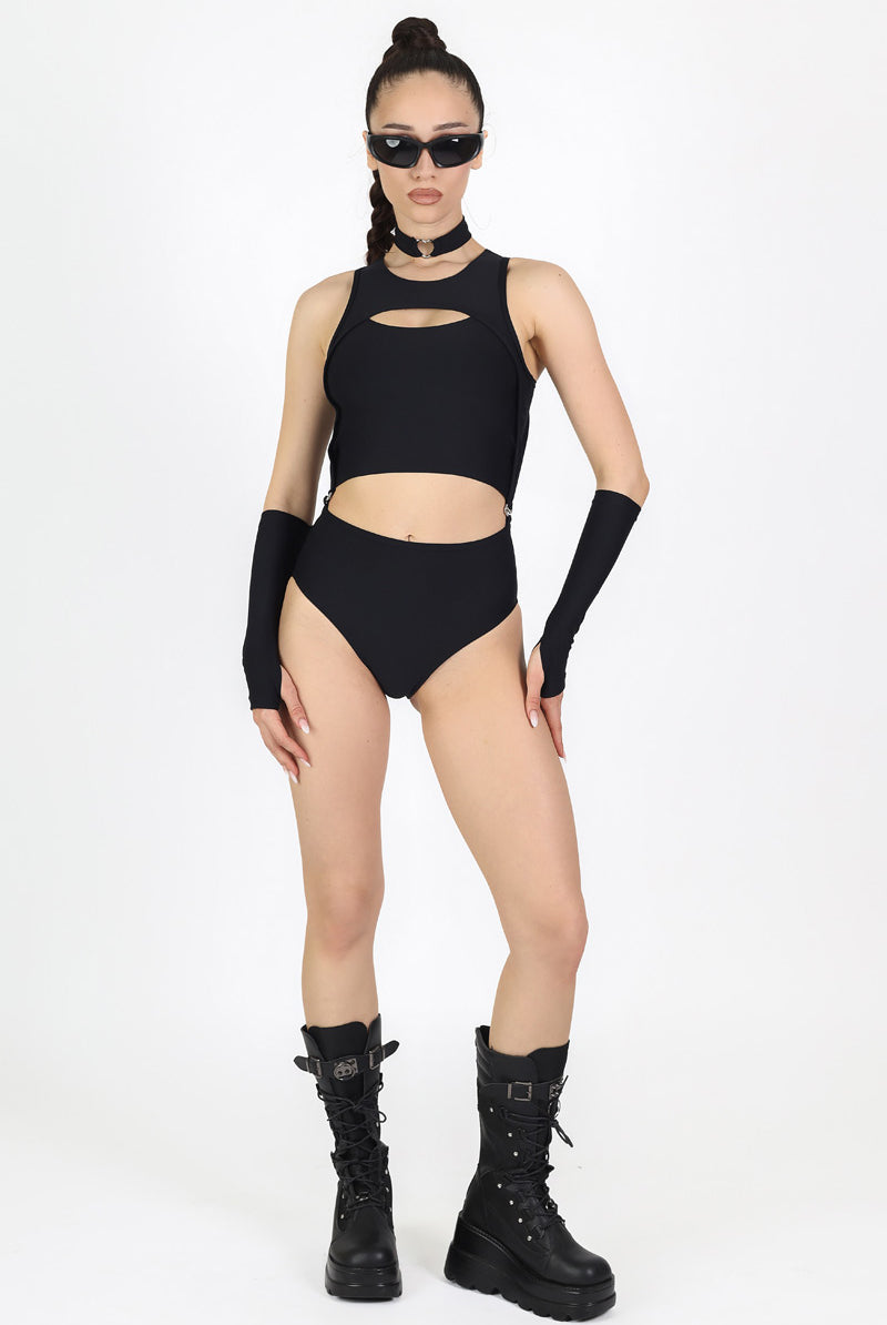 Black 2 Piece Cut Out Bodysuit Full View