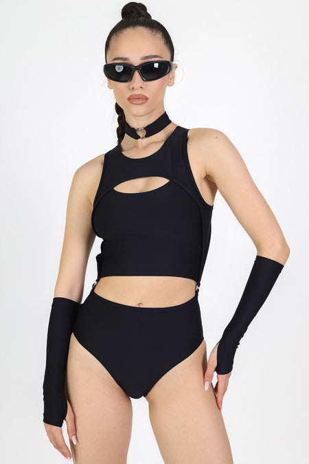 Rave Outfit Black 2 Piece Cut Out Bodysuit Side View