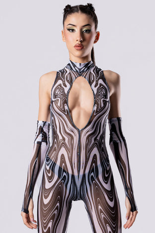 Rave Outfit Black And White Chaos Cut Out Jumpsuit Close Front View