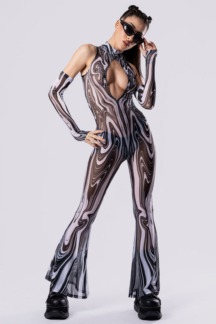 Rave Outfit Black And White Chaos Cut Out Jumpsuit Full Front View