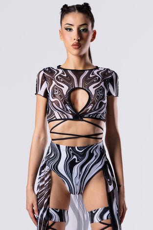 Rave Outfit Black And White Chaos Maxi Skirt Set Close Front View