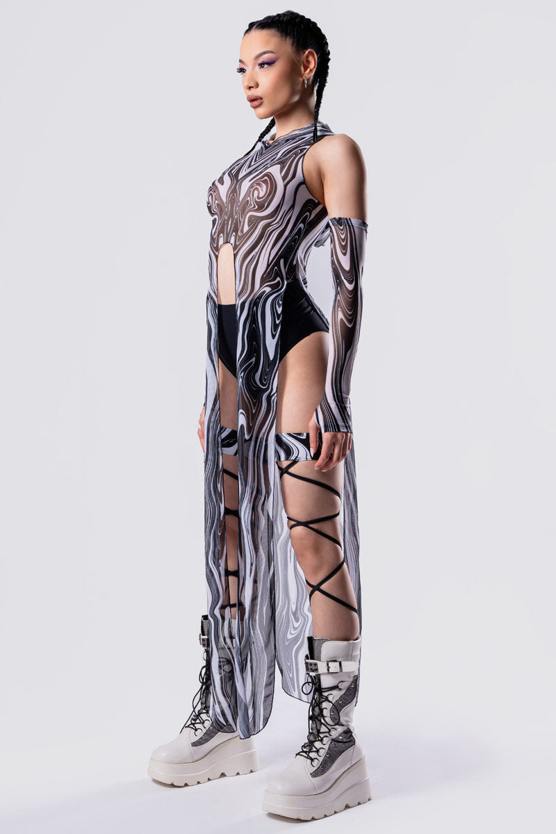 Black and White Chaos Mesh Hooded Tunic Rave Dress