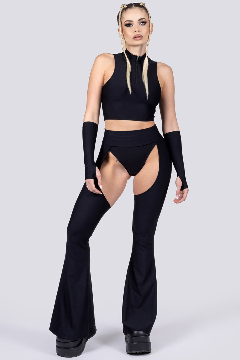 black-bell-bottoms-chaps-set-front-view