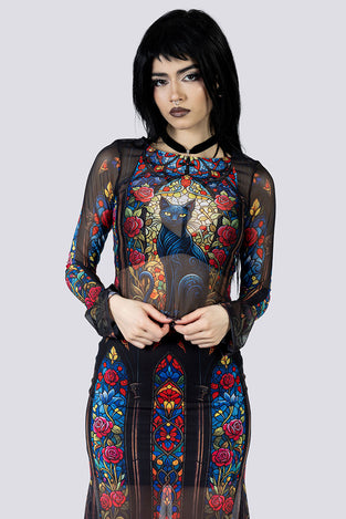Black Cat Sorcery Mesh Top Close Up Front Goth Clothing
