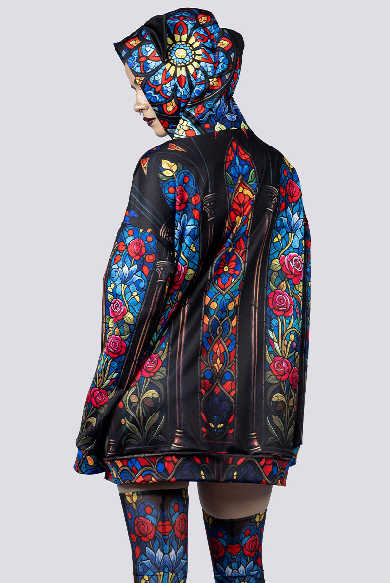 Black Cat Sorcery Oversized Hoodie With Ears Back Close Up Gothic Outfits
