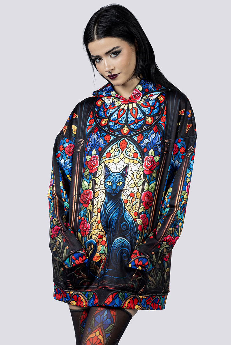Black Cat Sorcery Oversized Hoodie With Ears Close Up Goth Clothing