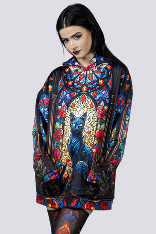 Black Cat Sorcery Oversized Hoodie With Ears Close Up Goth Clothing