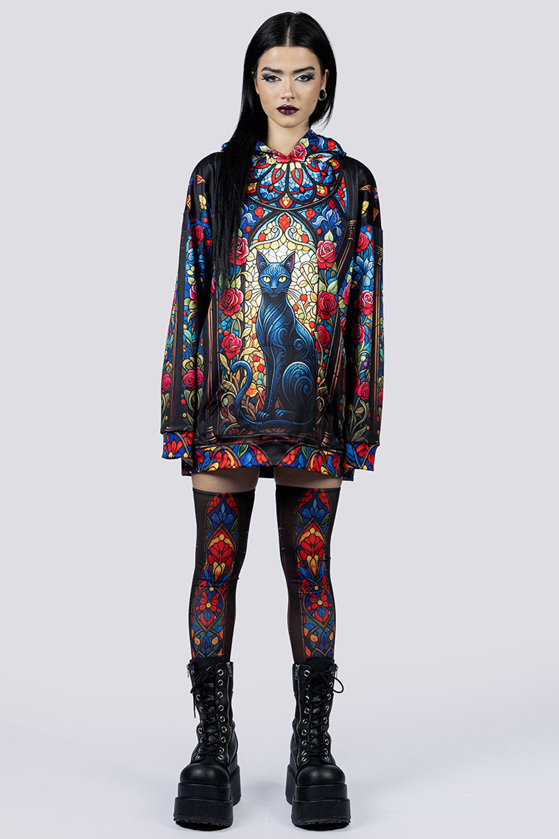 Black Cat Sorcery Oversized Hoodie with Ears | Devil Walking