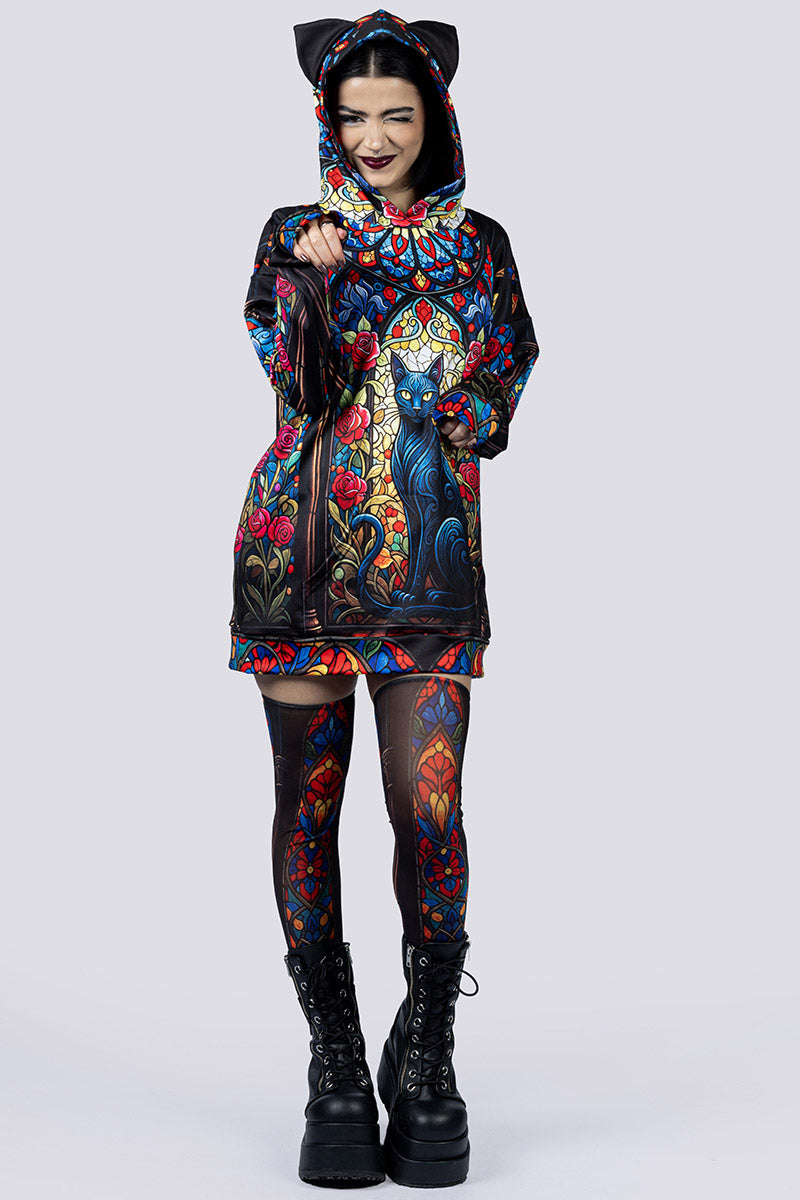 Black Cat Sorcery Oversized Hoodie with Ears | Devil Walking