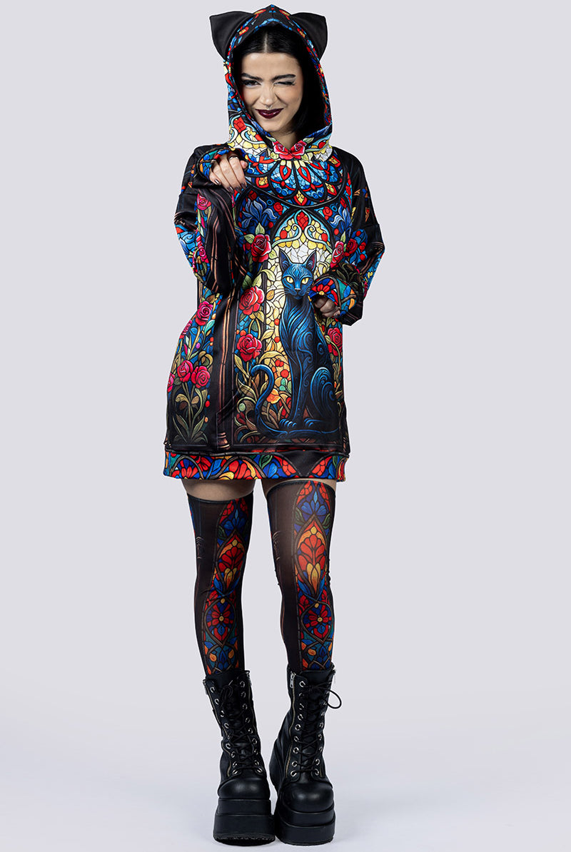 Black Cat Sorcery Oversized Hoodie With Ears Full Body Goth Wear