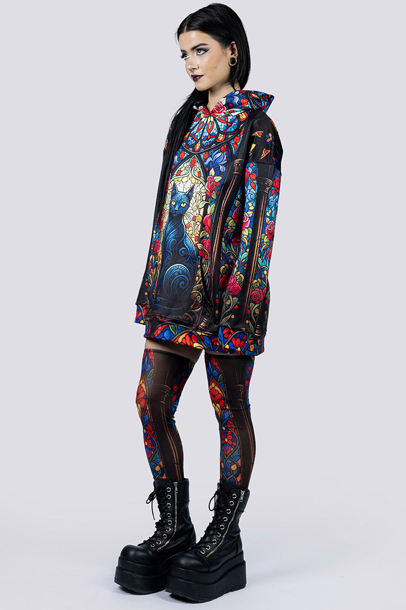 Black Cat Sorcery Oversized Hoodie with Ears | Devil Walking