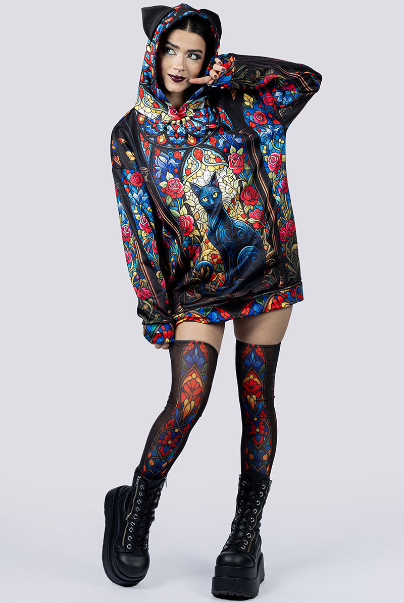 Black Cat Sorcery Oversized Hoodie With Ears Goth Fashion
