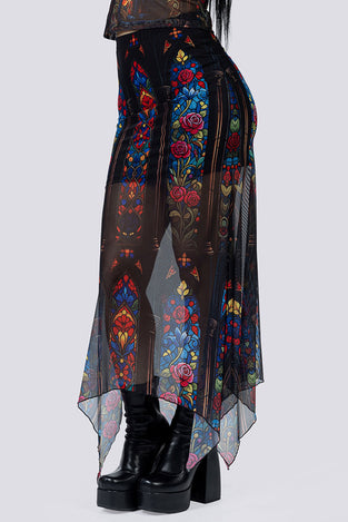 Black Cat Sorcery Sheer Maxi Skirt Close Up Goth Clothing