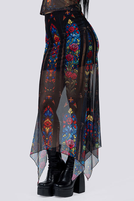 Black Cat Sorcery Sheer Maxi Skirt Close Up Goth Clothing