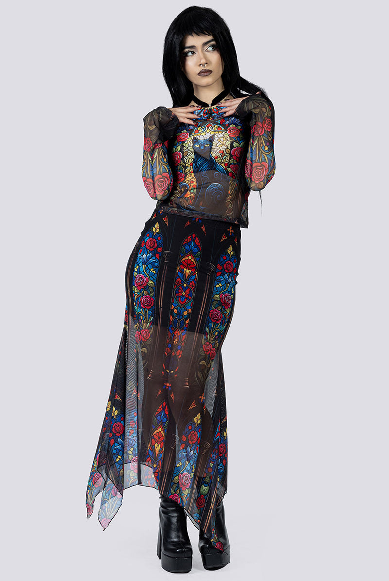 Black Cat Sorcery Sheer Maxi Skirt Front Gothic Outfits