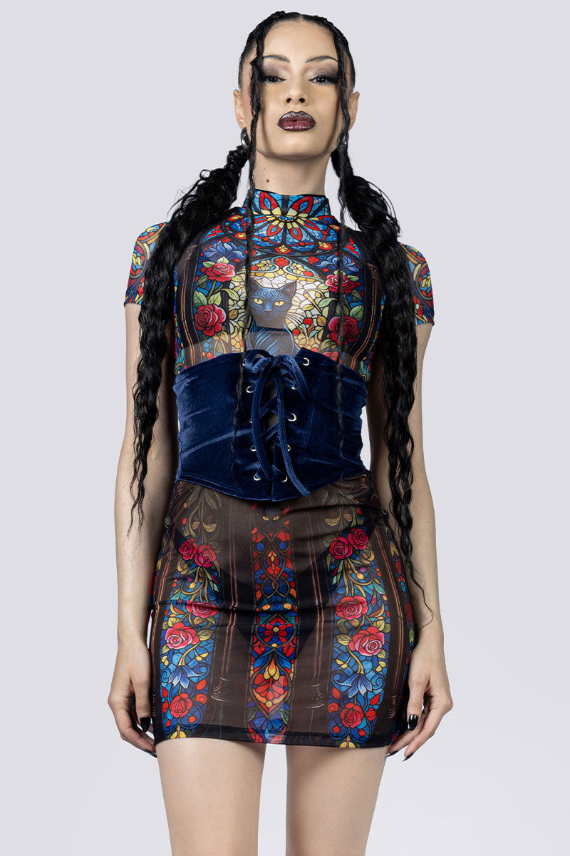 Black Cat Sorcery Sheer Mini Dress Corset Front Gothic Clothing