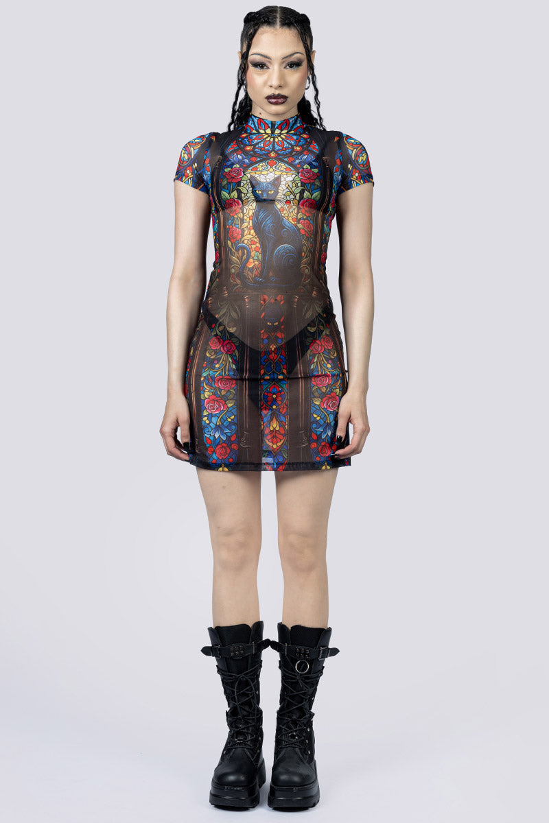 Black Cat Sorcery Sheer Mini Dress Front Goth Wear