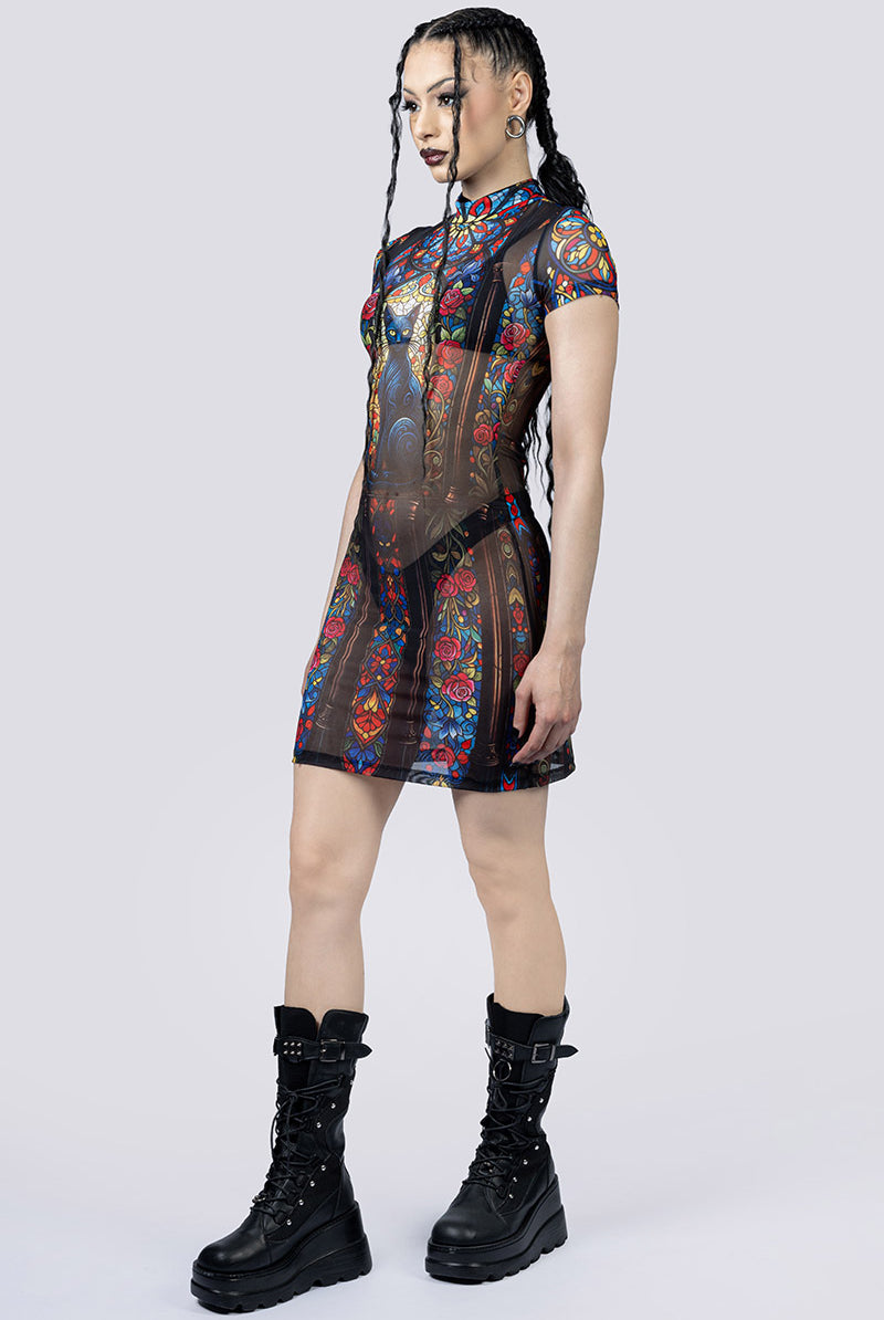 Black Cat Sorcery Sheer Mini Dress | Devil Walking