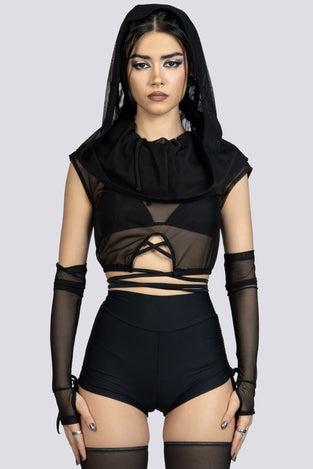 Black Cowl Neck Hooded Mesh Top Festival Wear