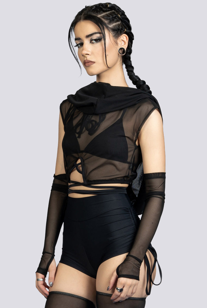 Black Cowl Neck Hooded Mesh Top Rave Clothing