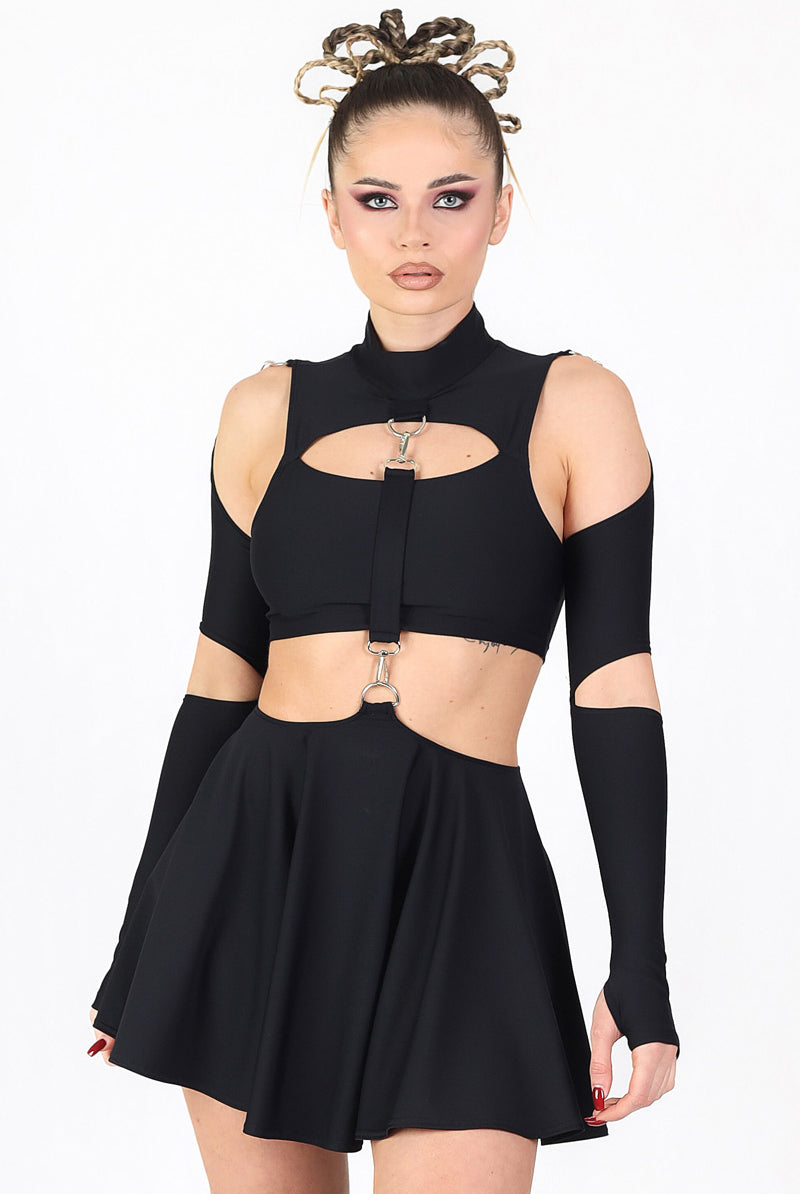 Black Cut Out Dress With Rings Close View