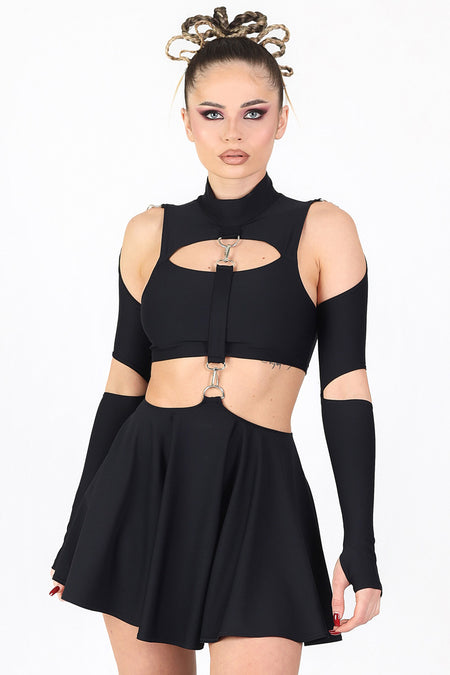 Rave Outfit Black Cut Out Dress With Rings Close View