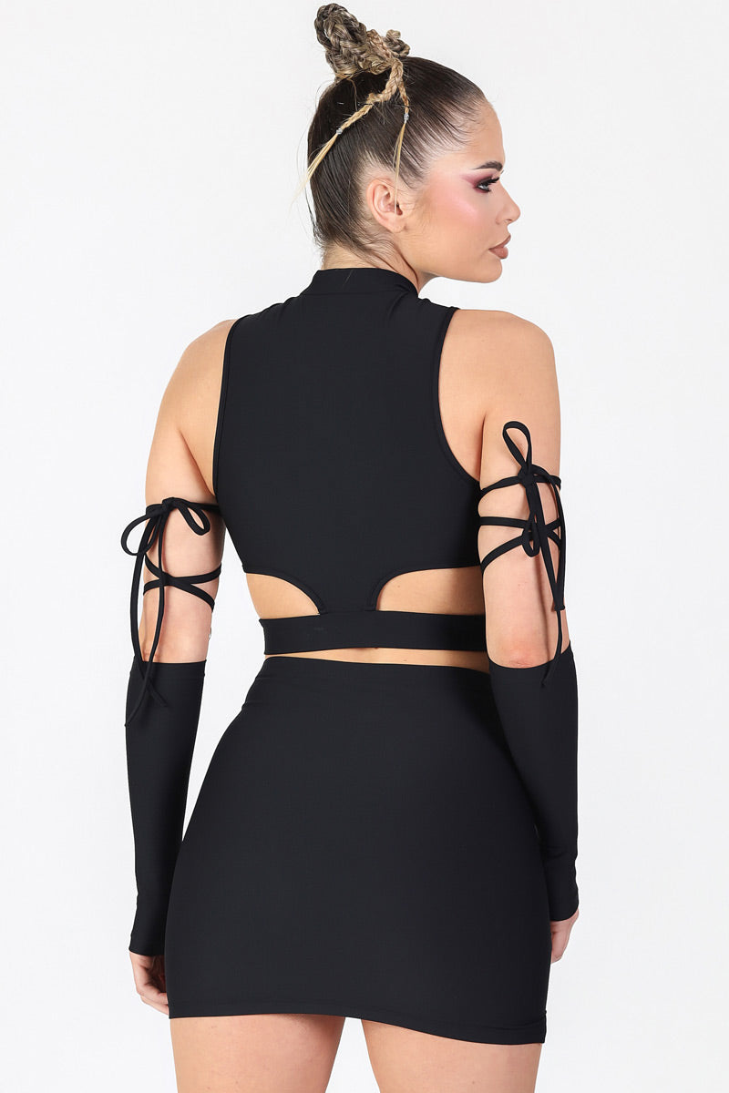 Black Cut Out Front Zip Top Back View