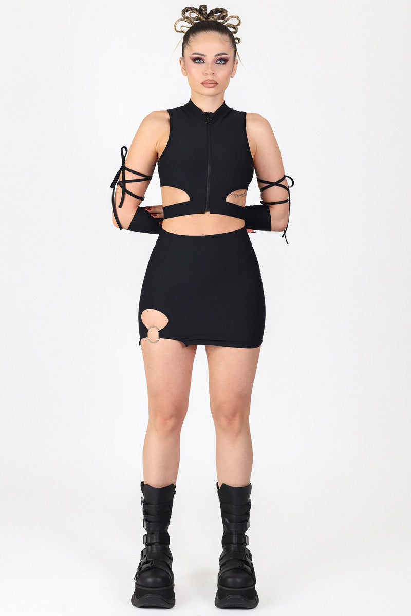 Black Cut Out Front Zip Top Full View