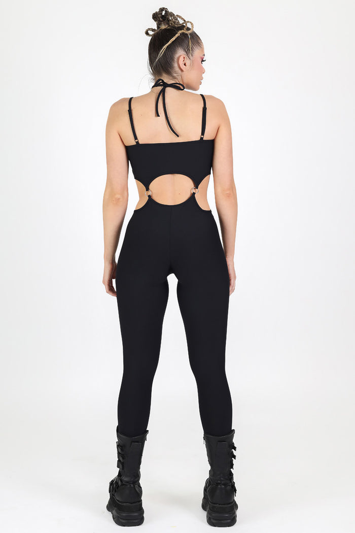 Rave Outfit Black Cut Out O Ring Jumpsuit Back View