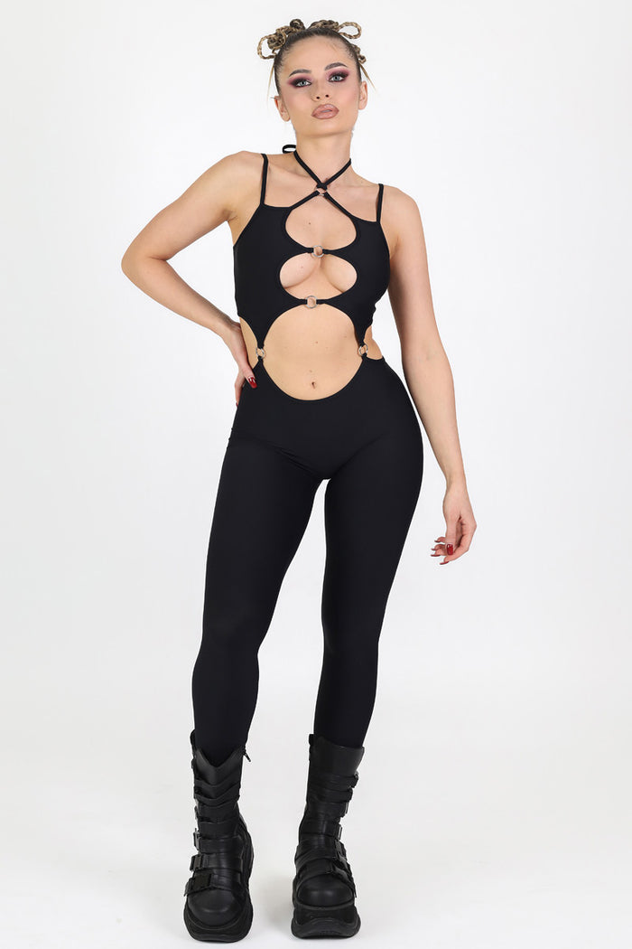 Rave Outfit Black Cut Out O Ring Jumpsuit Full View